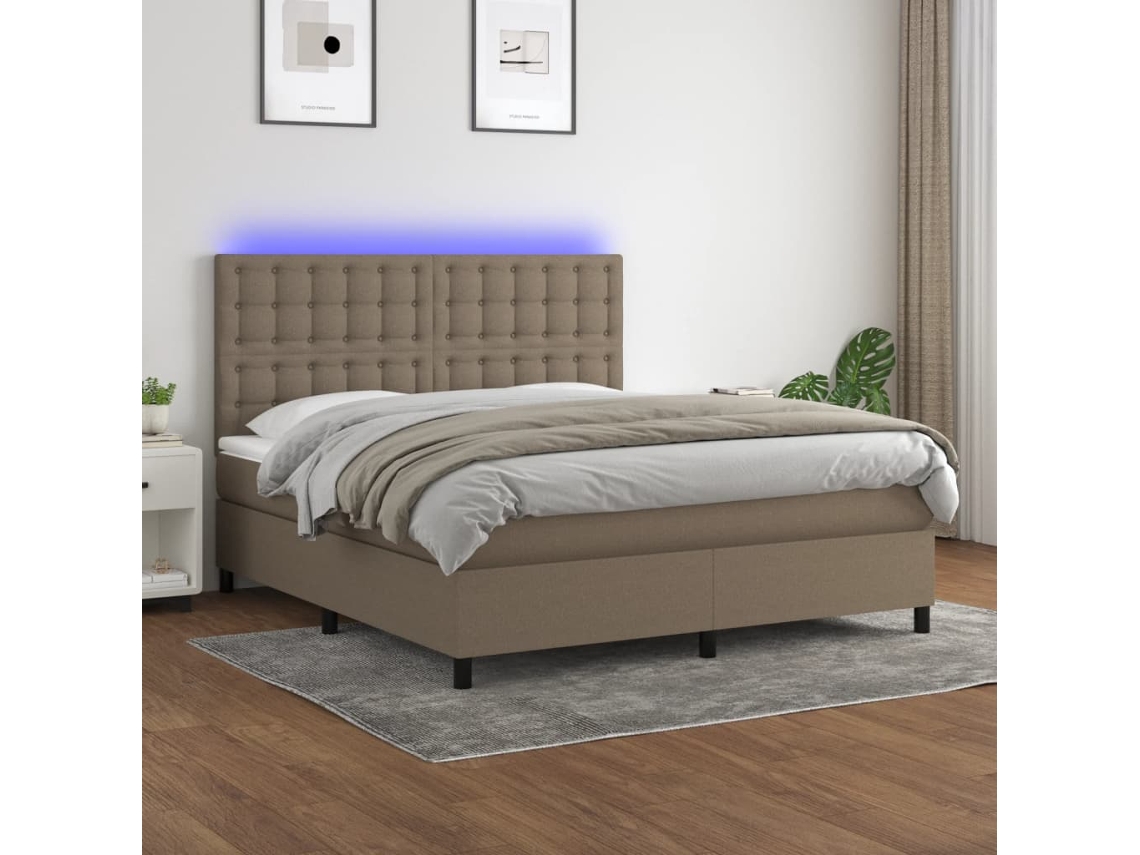 Cama Box Spring Colchón Y Luces Led Tela Gris Taupe 160x200 Cm
