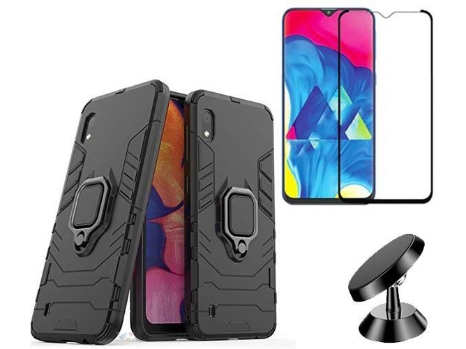 Kit Carcasa, Protector de Cristal 5D Full Cover y Soporte Magnetico Auto Samsung Galaxy A10 Military Defender Negro