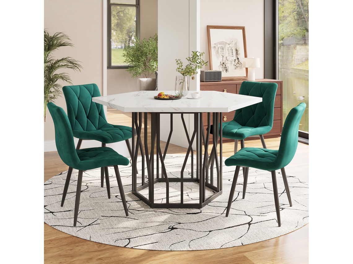 Juego De Comedor 5 Piezas - Mesa Hexagonal Mármol + 4 Sillas Terciopelo Verde - Blanco/verde