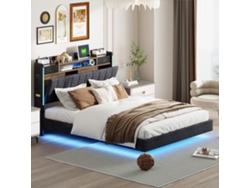 Cama Tapizada 140x200 Con Iluminación Led Y Toma Usb, Cama Flotante Cama Juvenil Cama Adulto, Tela De Lino, Gris