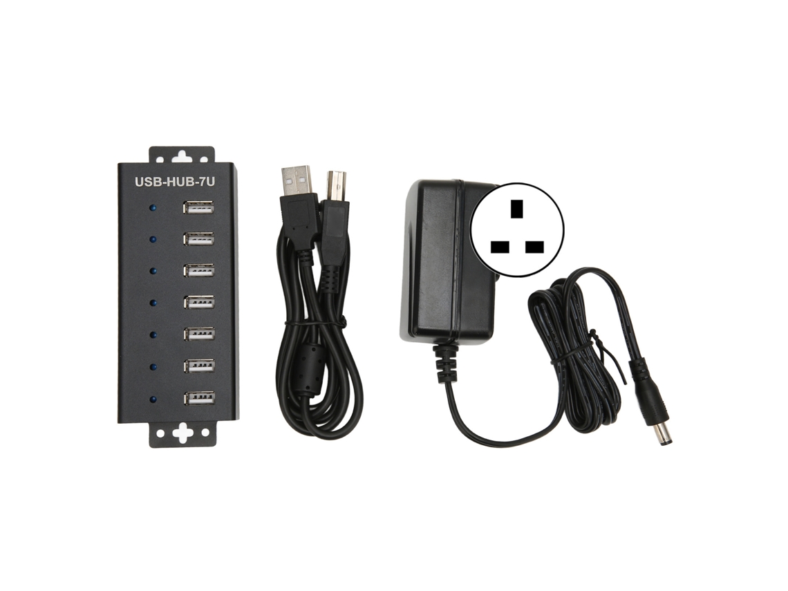 Hub Usb2.0 Industrial De 7 Portas Com Múltiplas Proteções Plug Uk 100‑240v
