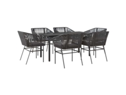 Juego de comedor de jardín de 7 piezas con cojines y tablero de mimbre y cristal, negro, EXCLUSIVO DE LA CASA