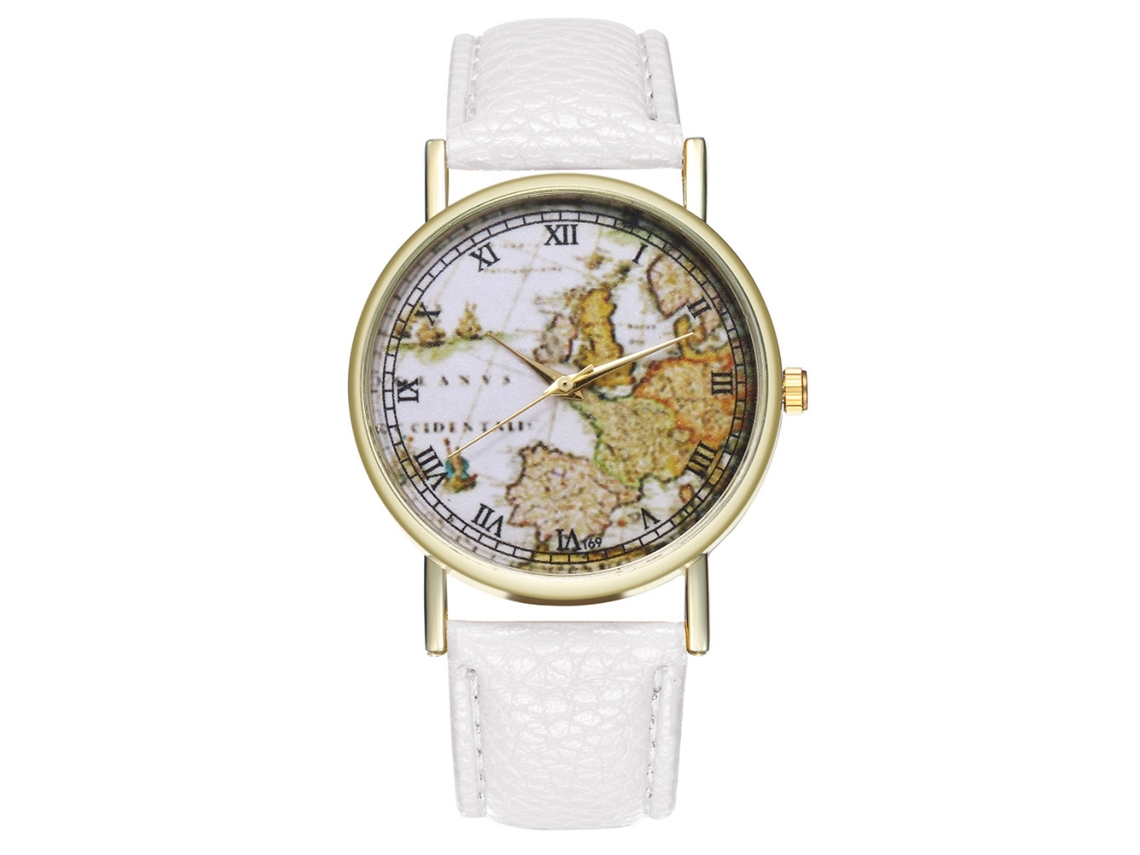 Reloj Unisex De Cuarzo Con Correa De Piel Sintética Y Estampado De Mapa Mundial En Blanco.