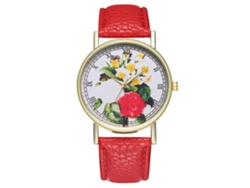 Reloj De Pulsera Zhoulianfa Para Mujer, Estampado Floral, Piel Sintética, Esfera Redonda, Movimiento De Cuarzo, Color Rojo.