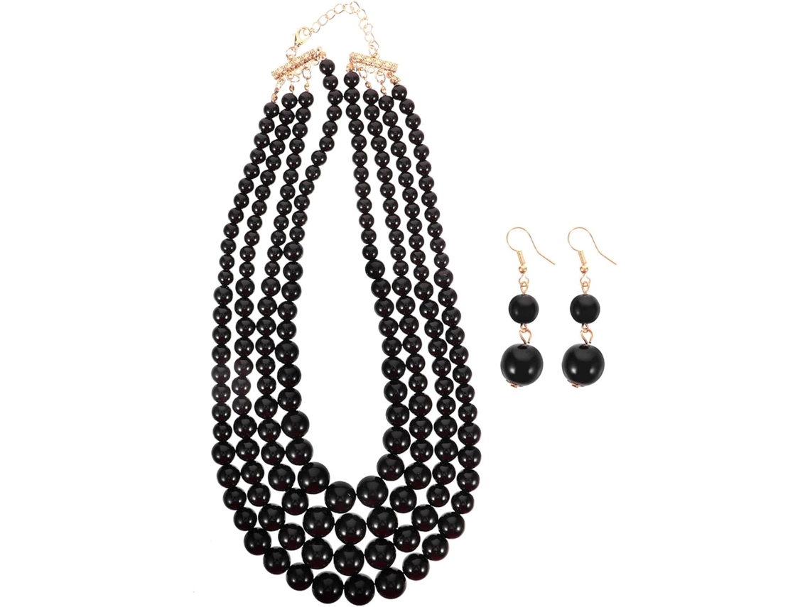 Conjunto De Collar Y Pendientes De Perlas Negras Multicapa, Joyería Para Mujer.