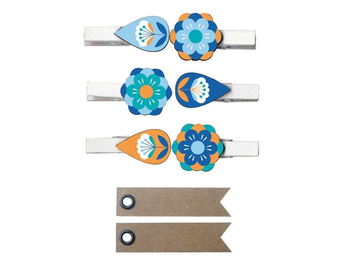 Mini pinzas de madera - Flores 20 etiquetas kraft Banderín