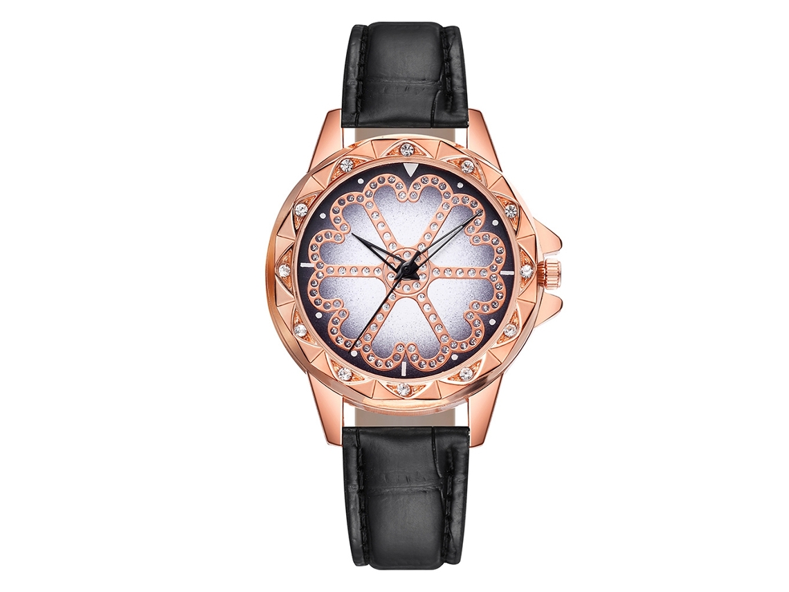 Reloj De Pulsera Vansvar Para Mujer Con Correa De Pu, Estampado Floral, Cuarzo, Diamantes De Imitación, Negro.