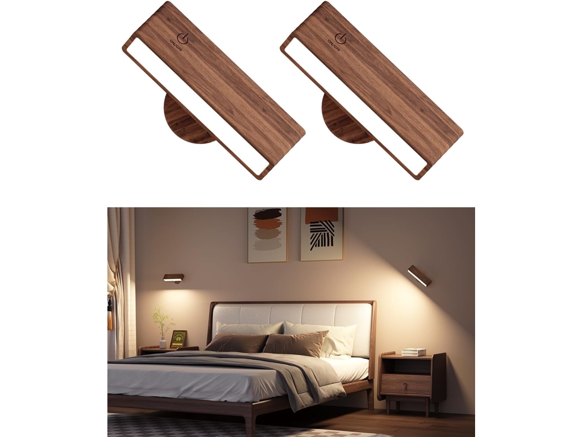 Juego De 2 Apliques De Pared A Pilas, Recargables, De Madera, Para Dormitorio (madera)