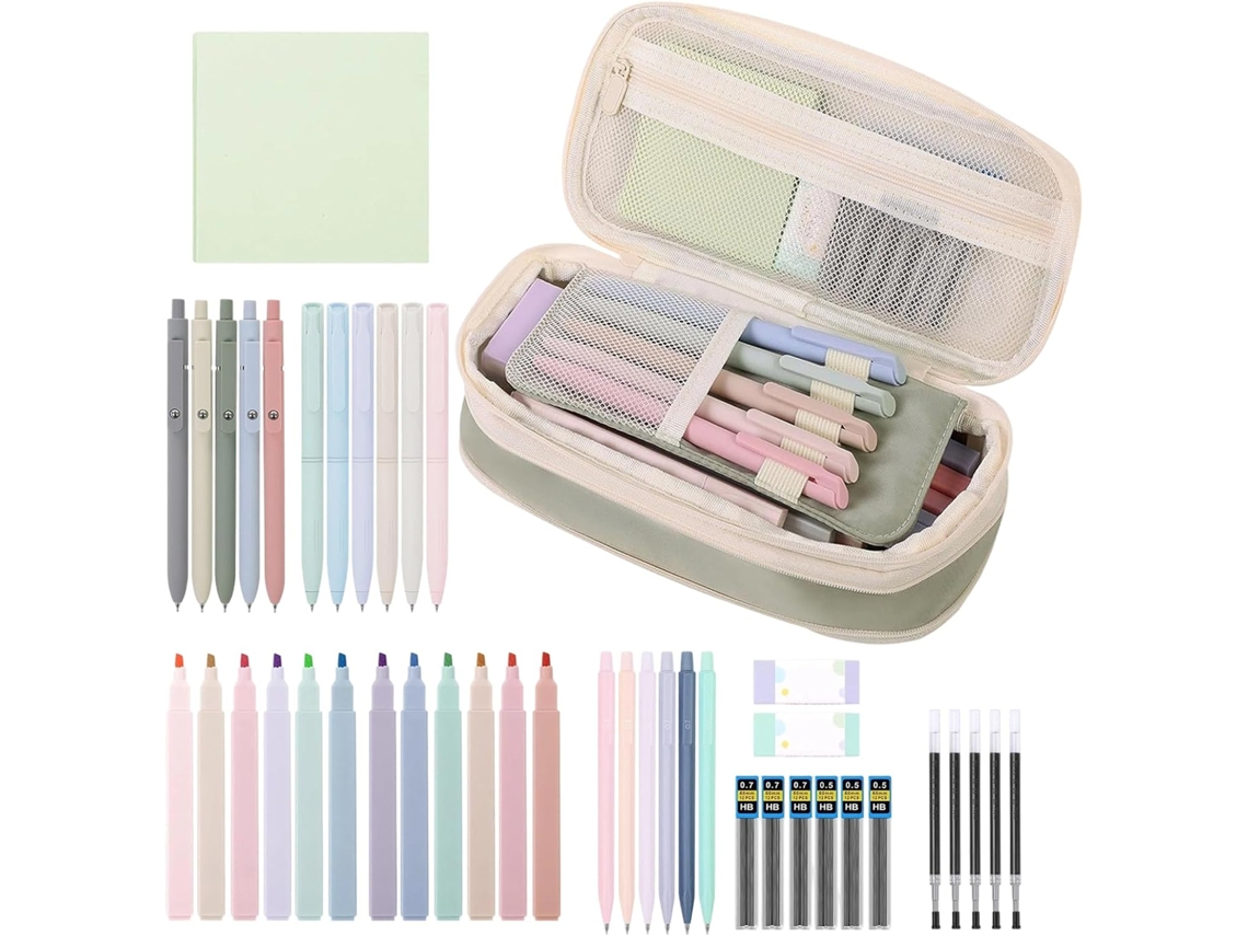 Estuche para lápices con útiles escolares, estéticamente agradable, bonito, bolígrafos de gel negros, gomas de borrar, bloc de notas, escritura fluida.