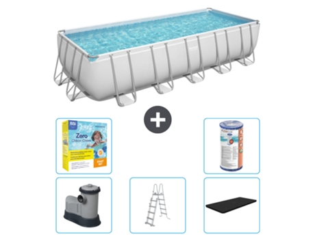 Piscina BESTWAY Rectangular Power Steel - 640 x 274 x 132 - Gris - Incluida bomba - Escalera - Cobertor Paquete de mantenimiento - Filtrar
