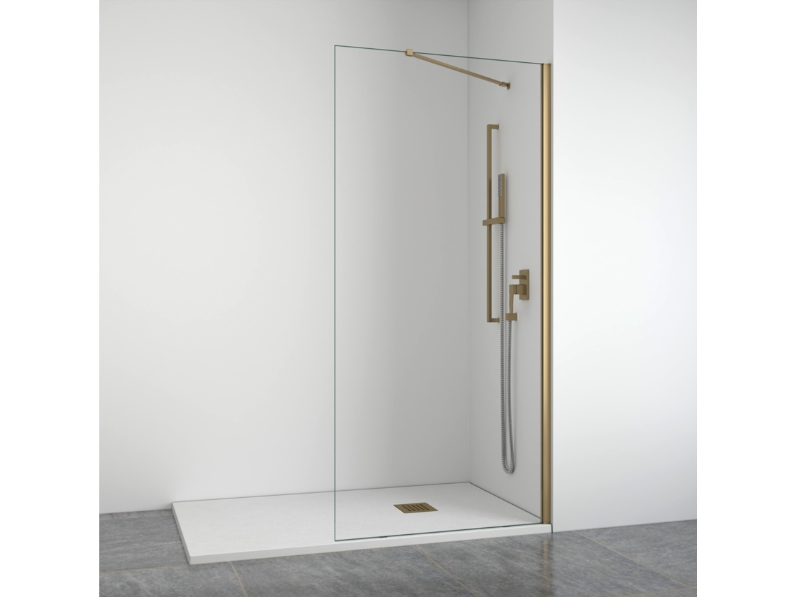 Mampara de ducha frontal con panel transparente fijo, perfiles dorados, brazo articulado, ancho ajustable 98 x 100 cm, altura 195 cm, Bellobath