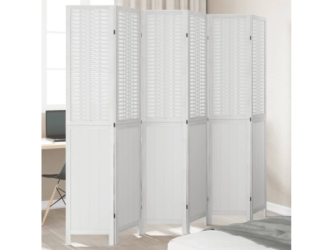 Biombo Separador De 6 Paneles Madera Maciza Paulownia Blanco