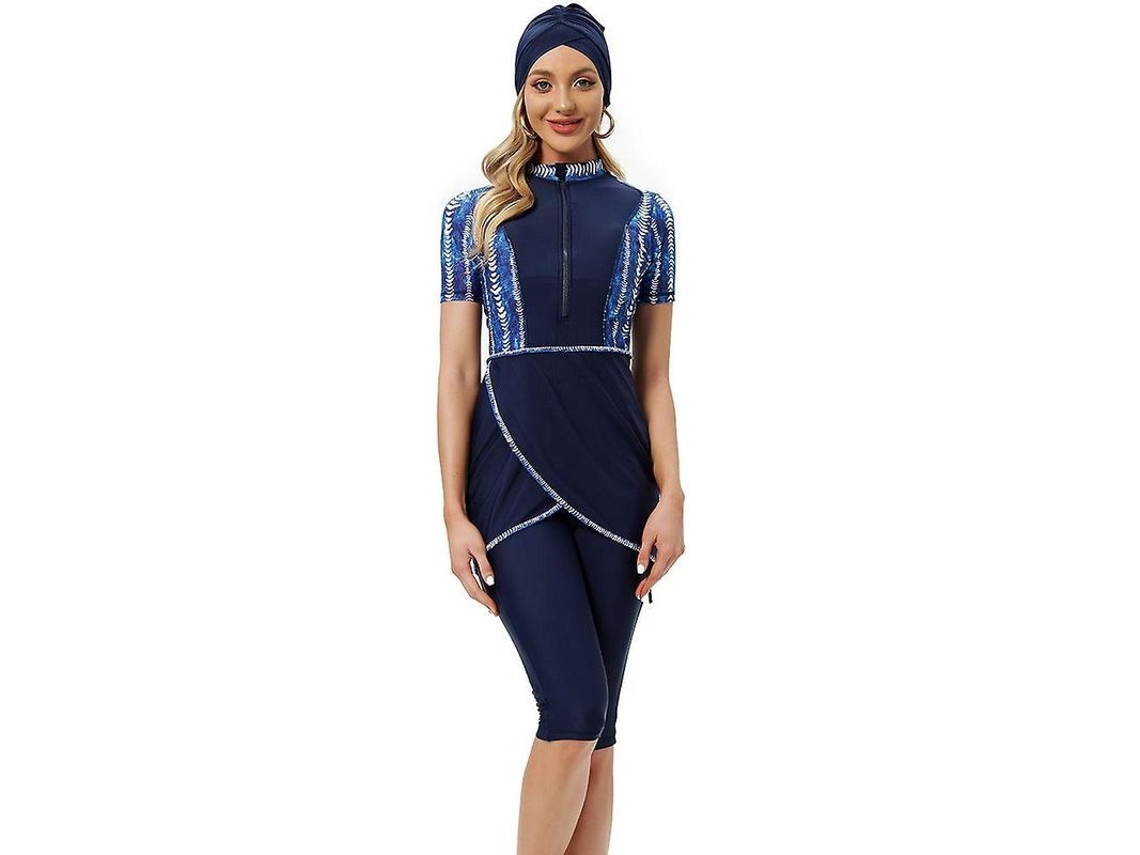 2026-traje De Baño Musulmán Corto Crop 2023 Para Mujer Burkini Modesto Con Cremallera Frontal Pmv Xl Azul