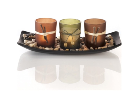Juego de velas naturales, 3 portavelas decorativos, rocas y bandeja