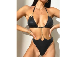 Traje de baño bikini de dos piezas negro, talla L, para actividades acuáticas, sin marca.