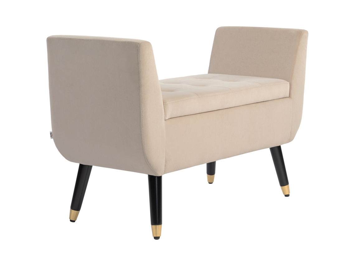 Banco De Lujo De Terciopelo Con Brazos De Madera De Caucho Beige, 107 Cm.