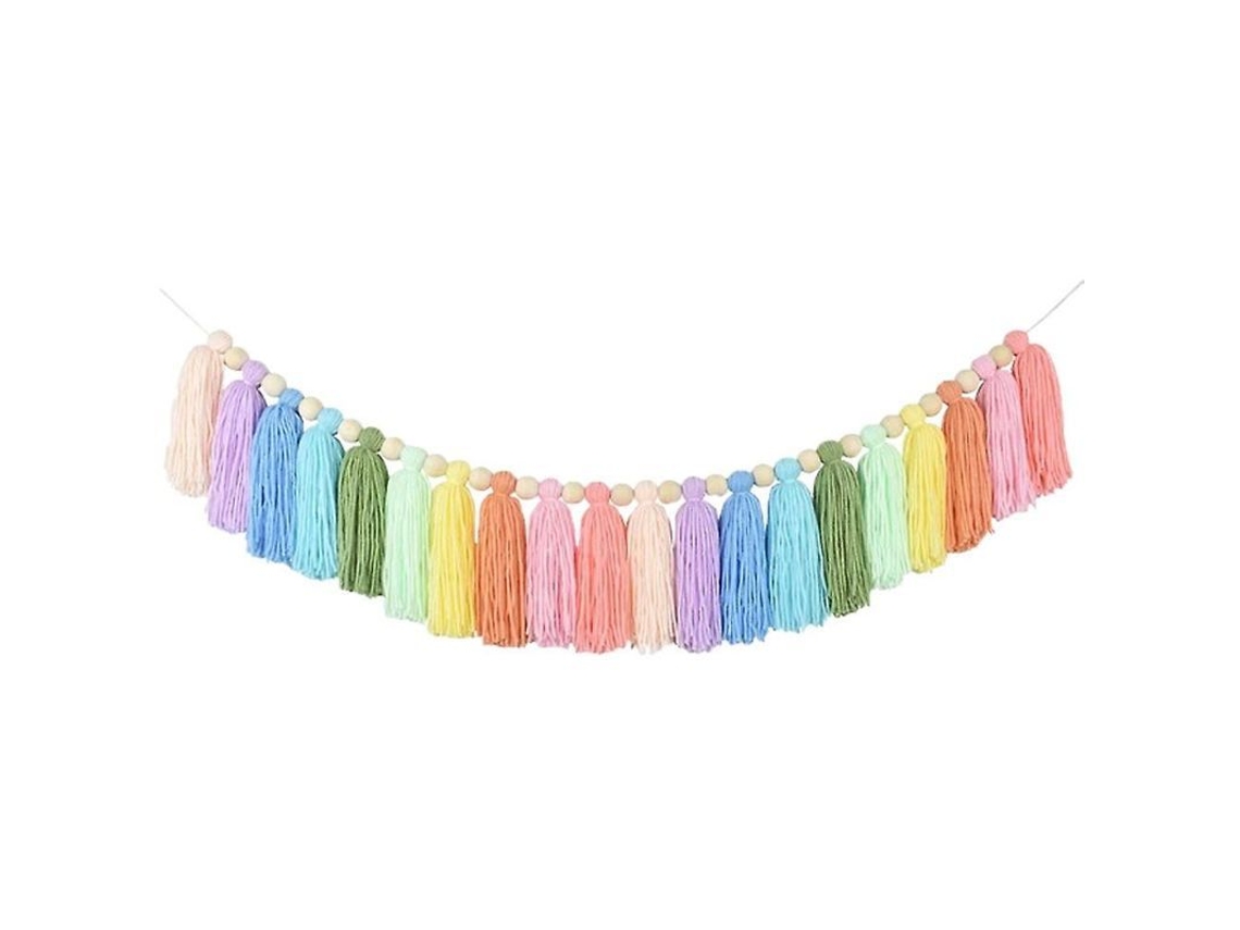 Colgante De Cuerda Con Cuentas De Arcoíris, Cuentas De Madera Y Borla Para Decoración De Pared.