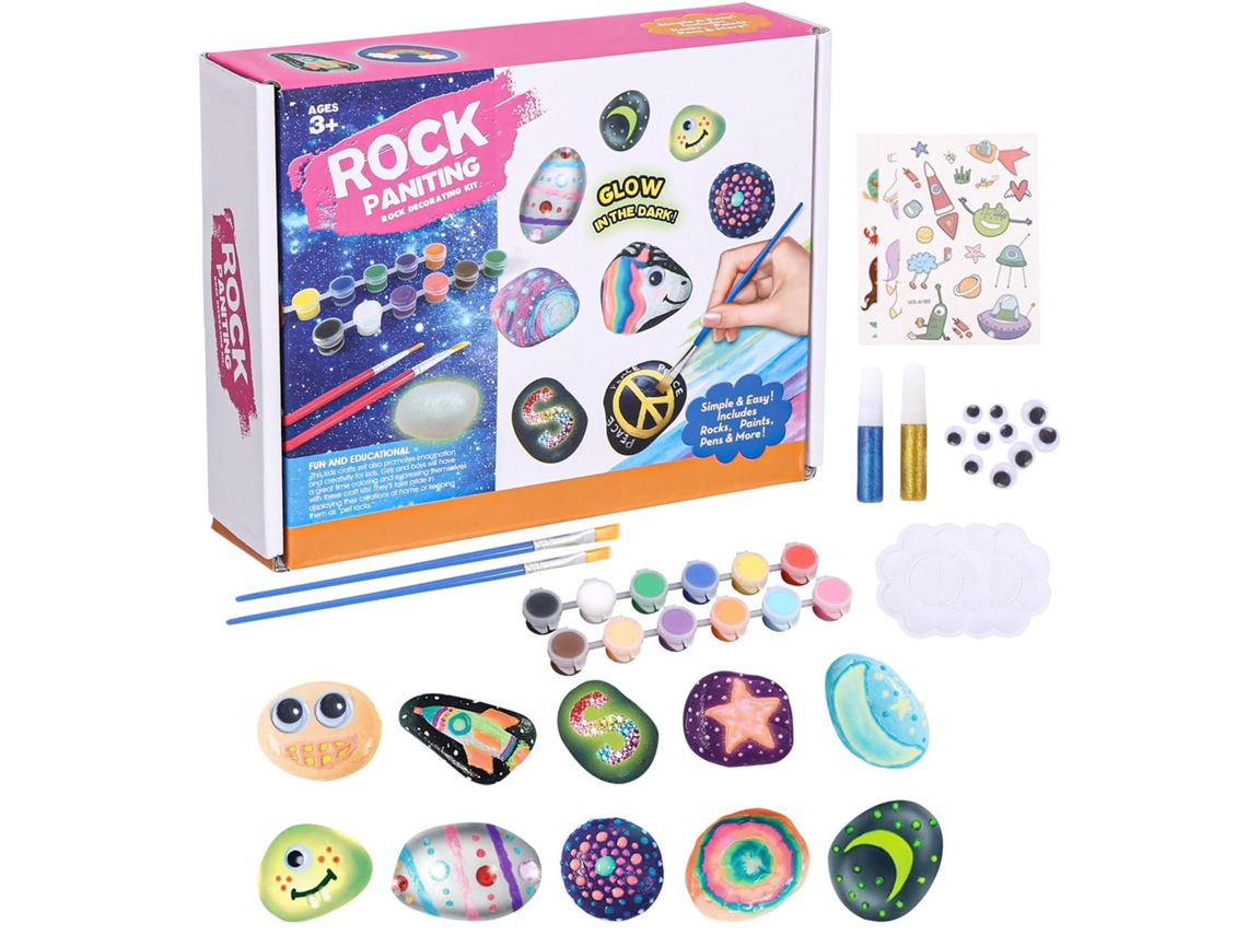 Kit creativo para pintar piedras con efecto de purpurina opaca. Incluye pinzas, 12 pinturas, adhesivos, aceites para veladuras y postes decorativos.