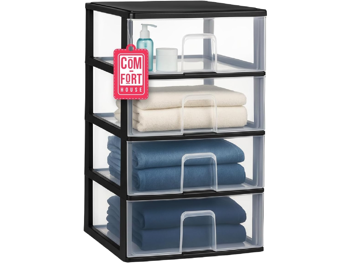 COM-FORT HOUSE | Cajonera Apilable de Plástico | Modelo Transparente | Color Negro | Modelo de 4 Cajones | Cajones de Almacenamiento Modular