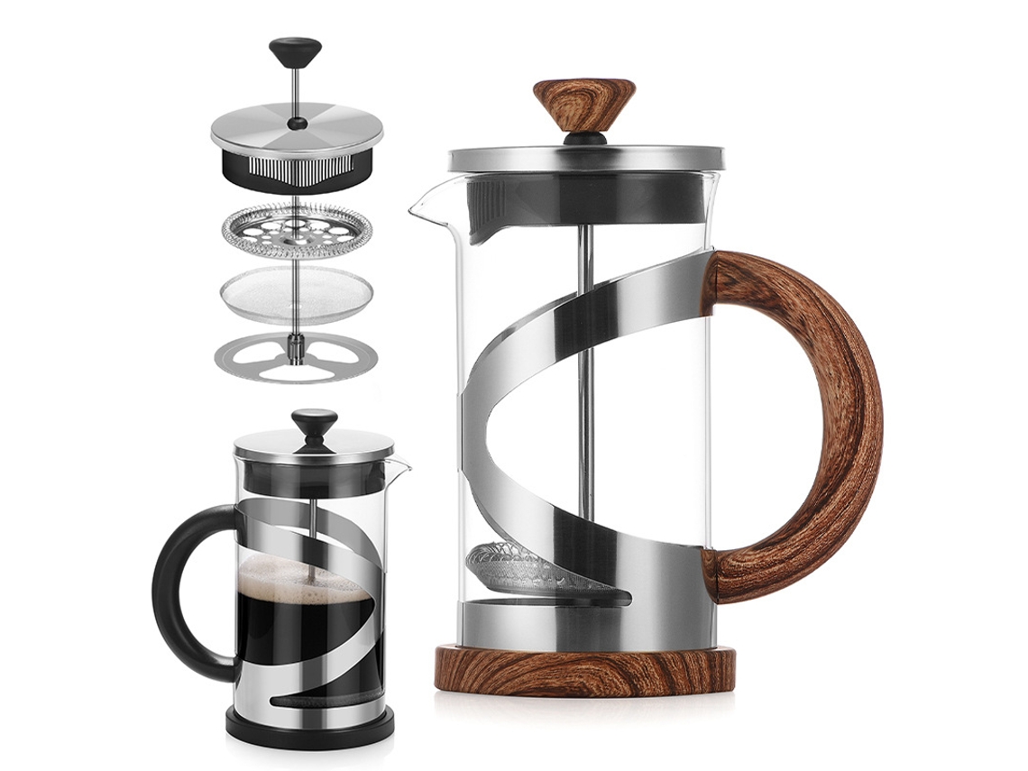 Cafetera de émbolo manual de vidrio, 1000 ml (con acabado de madera) Spqment