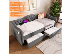 Sofá Cama De 90x200 Cm Con Usb-c, Color Gris Lino Y Cajones.