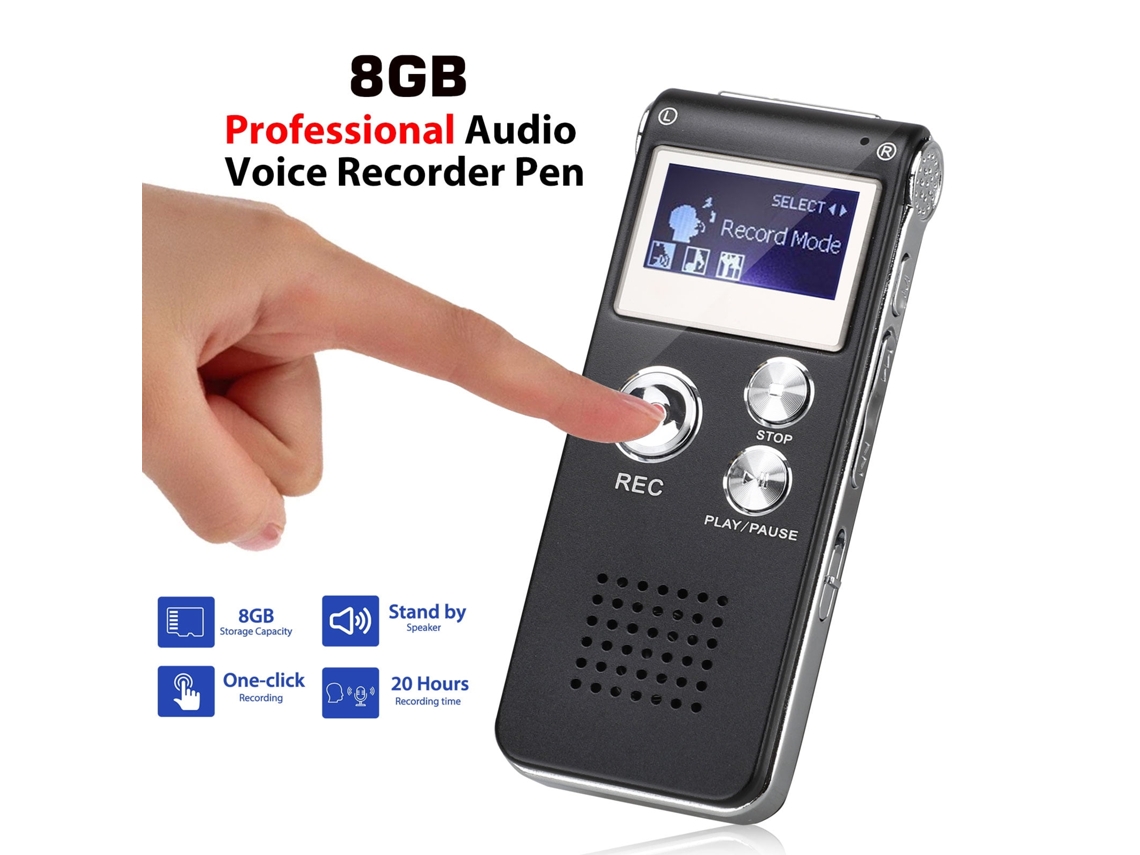 Grabadora de voz digital avanzada, sonido nítido activado por voz en formato MP3 y WAV con repetición de audio y reproducción por altavoz externo para conferencias.