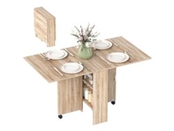 Mesa De Comedor Plegable De Dos Paneles, Con Capacidad Para 6 Personas, Equipada Con Estantes Y Ruedas Integradas, Fabricada En Madera Natural.