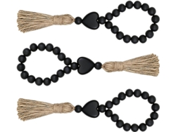 Corona decorativa rústica con cuentas de madera y pompones, 3 piezas, hecha de cuerda, para decoración de chimenea, uso en interiores, GOKOCO