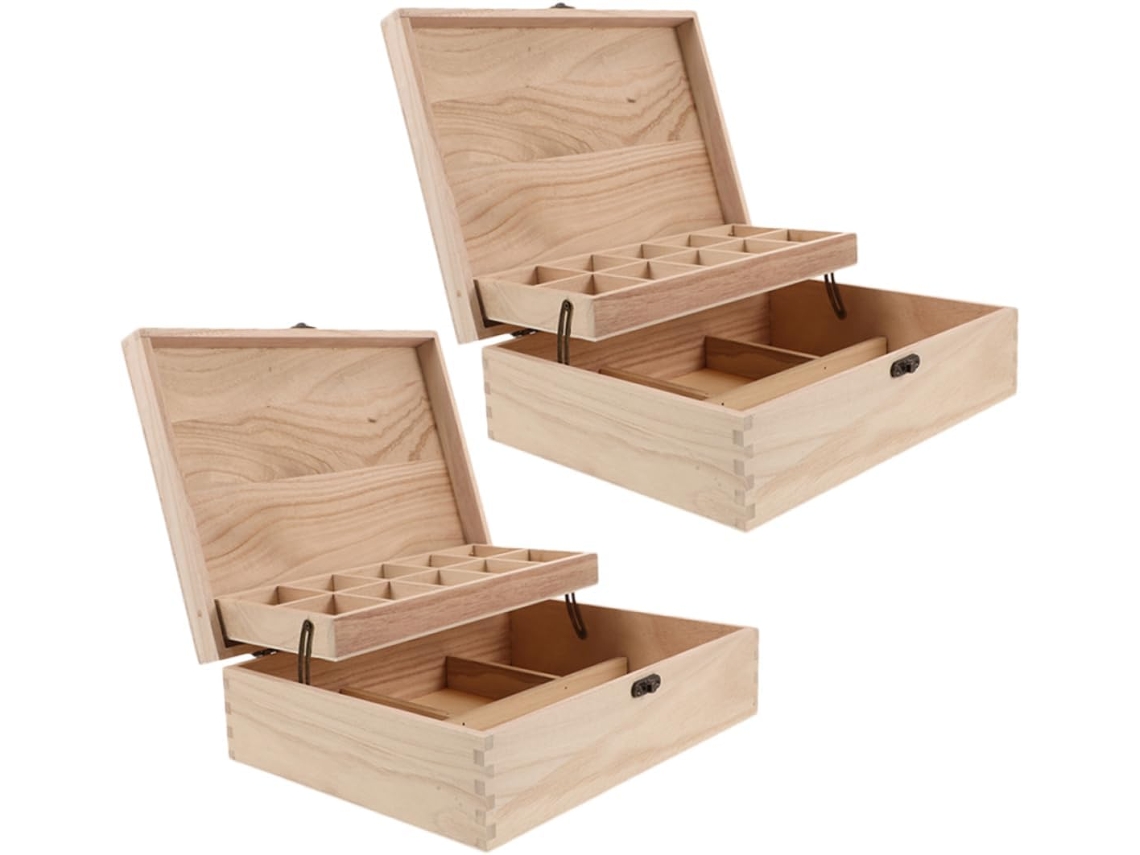 Juego 2 Cajas Joyería Madera Cofre Almacenamiento Joyas Tesoro Manualidades Beige