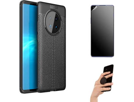Kit Carcasa Y Protector Huawei Mate 40 Pro Ultimatte Rugged Leather Y Popsocket Negro