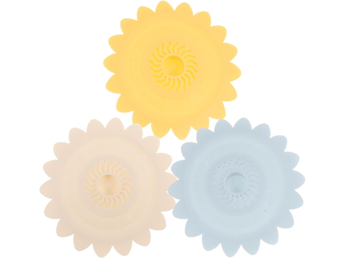 Juego de 3 tapones de silicona para desagües de bañeras, lavabos y duchas. Diseño de girasol (amarillo, azul y verde). Evitan obstrucciones.