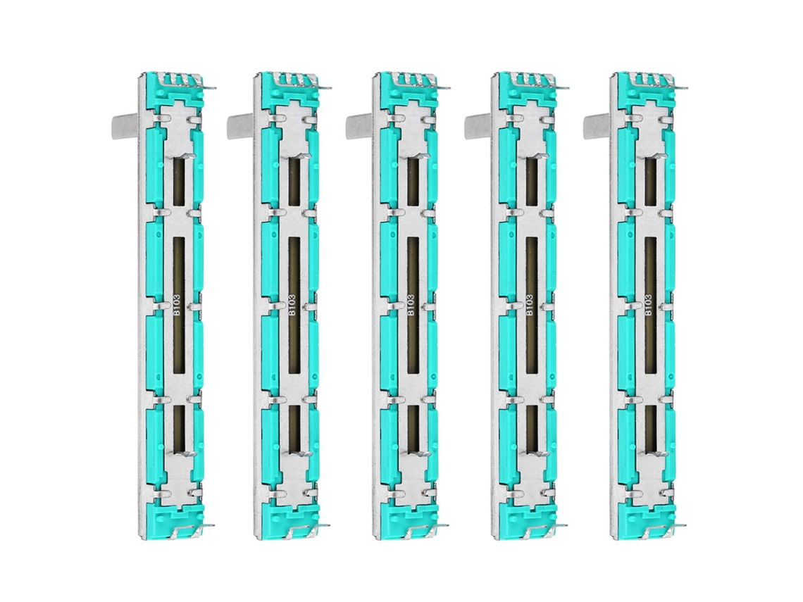 Conjunto de 5 potenciômetros deslizantes retos de canal duplo B10k para mesas de mixagem e diversas aplicações.