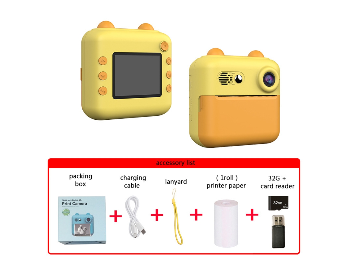Cámara instantánea, mini cámara térmica para niños con tarjeta de 32 g, color amarillo