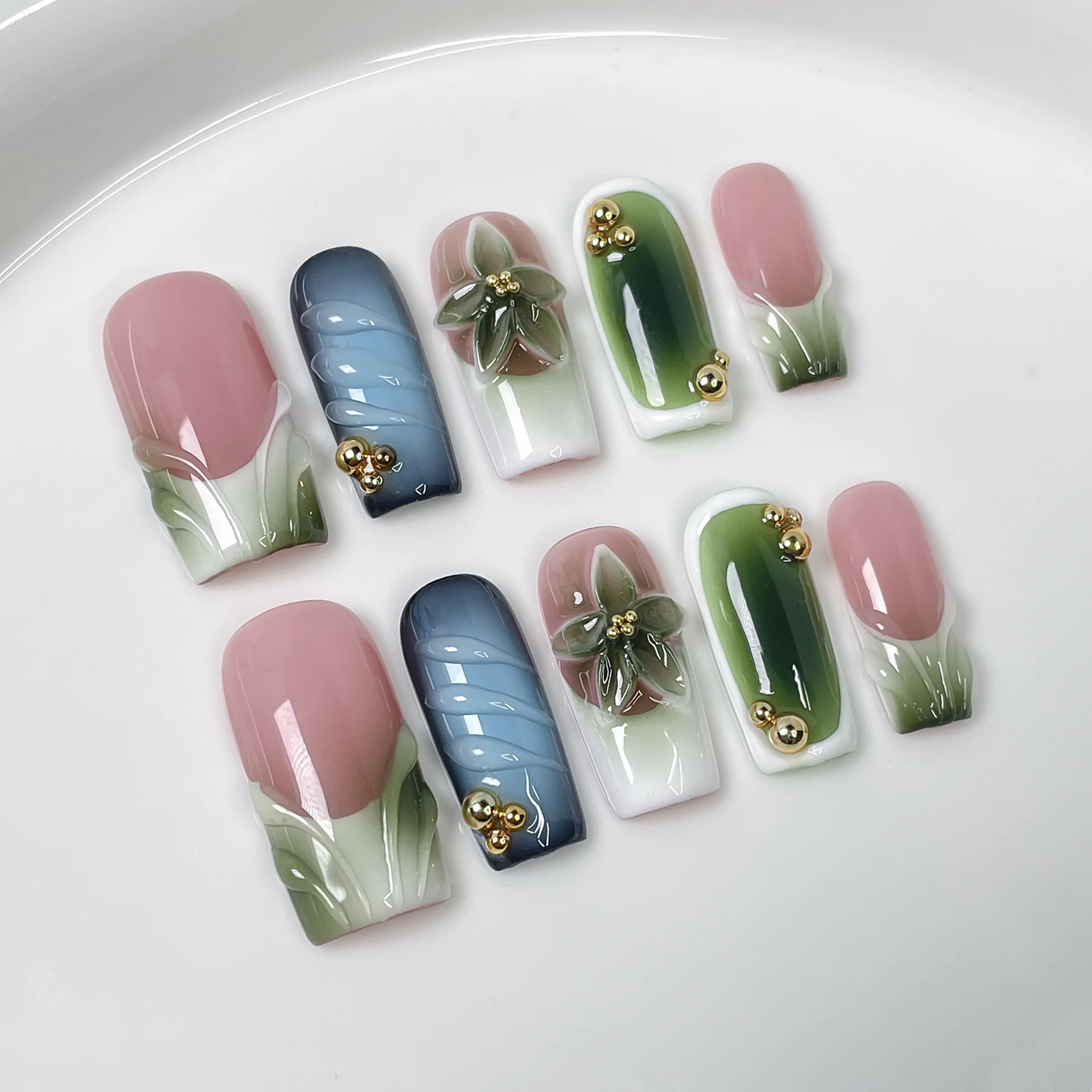 (651-l) Parche De Uña Artificial Rectangular Prensado A Mano De 10 Piezas