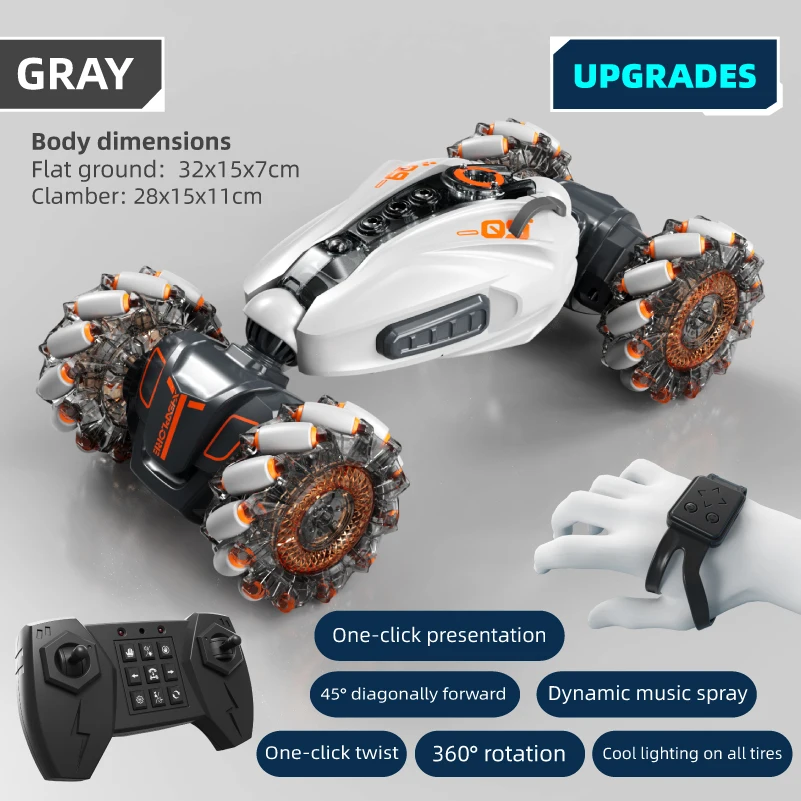 (gris) Coche De Control Remoto De 2,4 G Con Detección De Gestos, Tracción En Las Cuatro Ruedas, Luces Extragrandes Y Pulverizador De Agua.