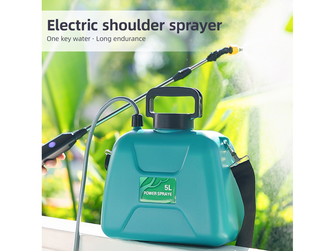 Pulverizador portátil a batería de 5 L (1,32 galones), recargable por USB, con mango telescópico, 3 boquillas y asa.