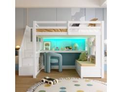 Cama Mezzanine 140x200, Escritorio Integrado, Estanterías, 2 Cajones, Escalera Con Almacenamiento, Led Multicolor, Madera Maciza, Blanco