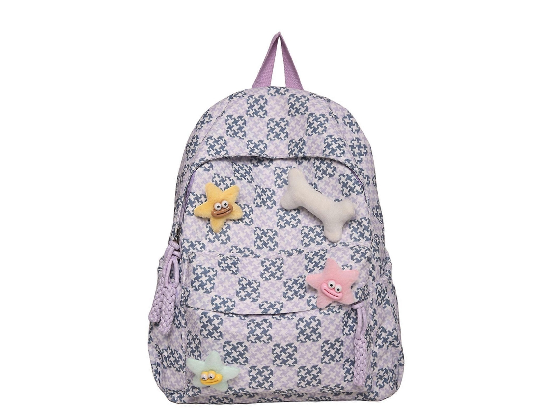 Mochila moderna para mujer en nylon con estampado de cuadros, espaciosa y funcional, ideal para el colegio y el día a día. Color morado.