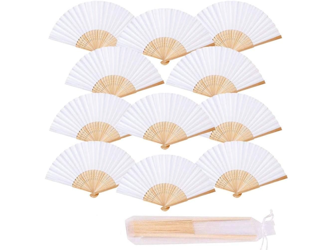 Juego de 12 abanicos plegables de madera y papel, blancos, BRILVIBERA