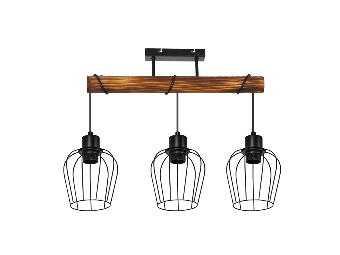 Plafon Lámpara de Salón Vintage 3 Focos Metal y Madera Negra E27 en Madera Flameada con Diseño Industrial Regulable en Altura Sin Bombilla NETTLIFE