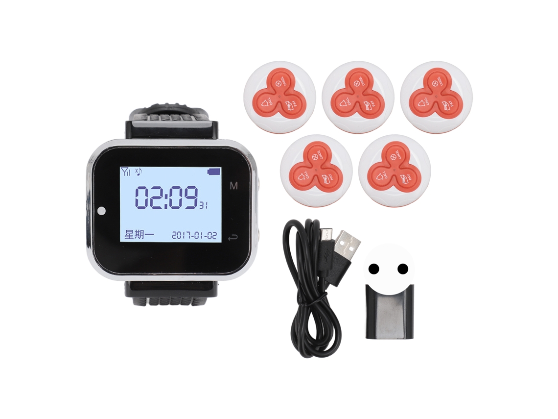 Sistema De Chamada Sem Fio Para Restaurante Com 1 Relógio-receptor E 5 Pagers Recarregáveis 100-240v Plugue Eu