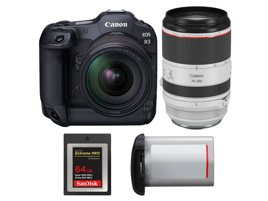 Canon Eos R3 + Rf 24-70mm F/2.8 L Is Usm + Rf 70-200mm F/2.8 L Is Usm + 1 Sandisk 64gb Extreme Pro Cfexpress Type B + Canon Lp-e + Ebook Pricedirect