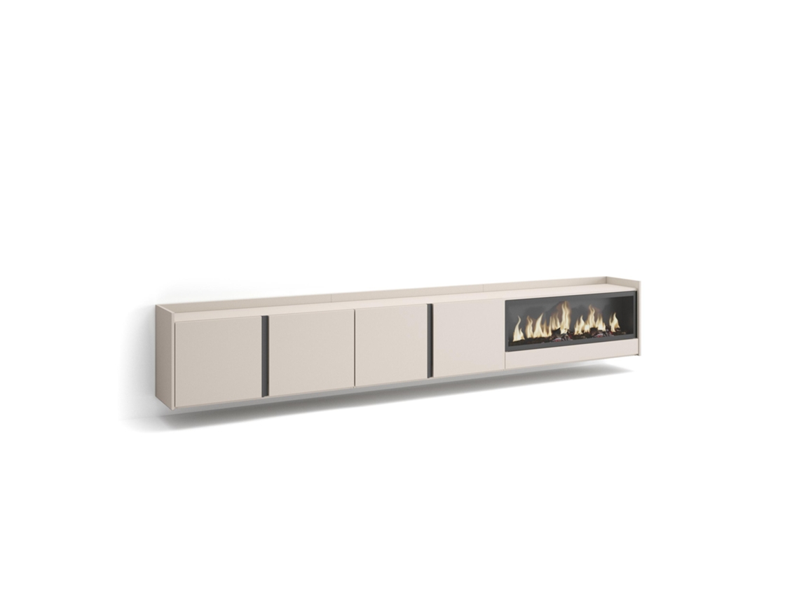 Mueble Tv, Televisión, 315x35x50cm, Para Tv Hasta 80", Chimenea Eléctrica Xxl, Colgado, Suspendido, Beige