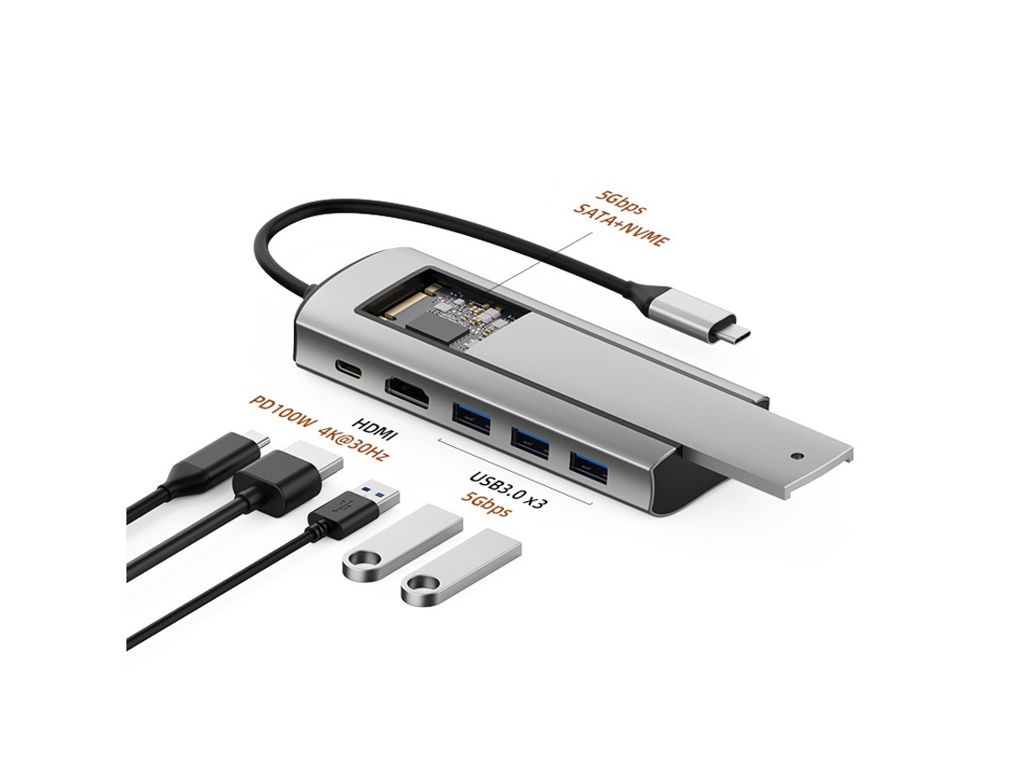 Estación de fondeo YIZHOOD Función de almacenamiento en disco 6 en 1 USB C HUB SSD M.2 NVMe SATA a HDTV para Pro gris