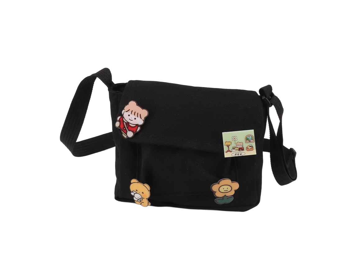 Bolso De Hombro De Lona Bonito Con 4 Broches, Estilo Adorable, Múltiples Bolsillos Para Mujer, Negro.