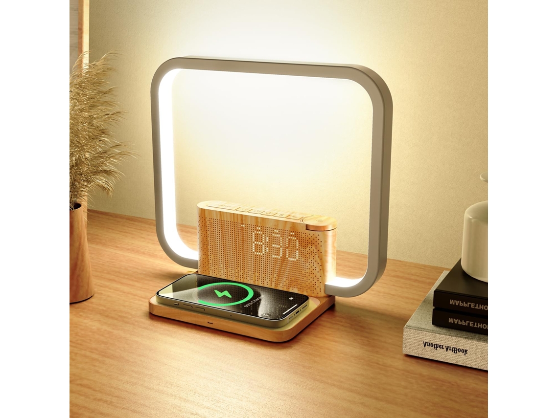 Despertador Sunrise para quienes duermen profundamente con cargador inalámbrico, luz de despertador y ayuda para dormir Ikikso (blanco)