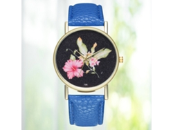 Reloj De Pulsera De Cuarzo Para Mujer Con Correa De Piel Sintética, Esfera Floral, Estilo Casual (azul)