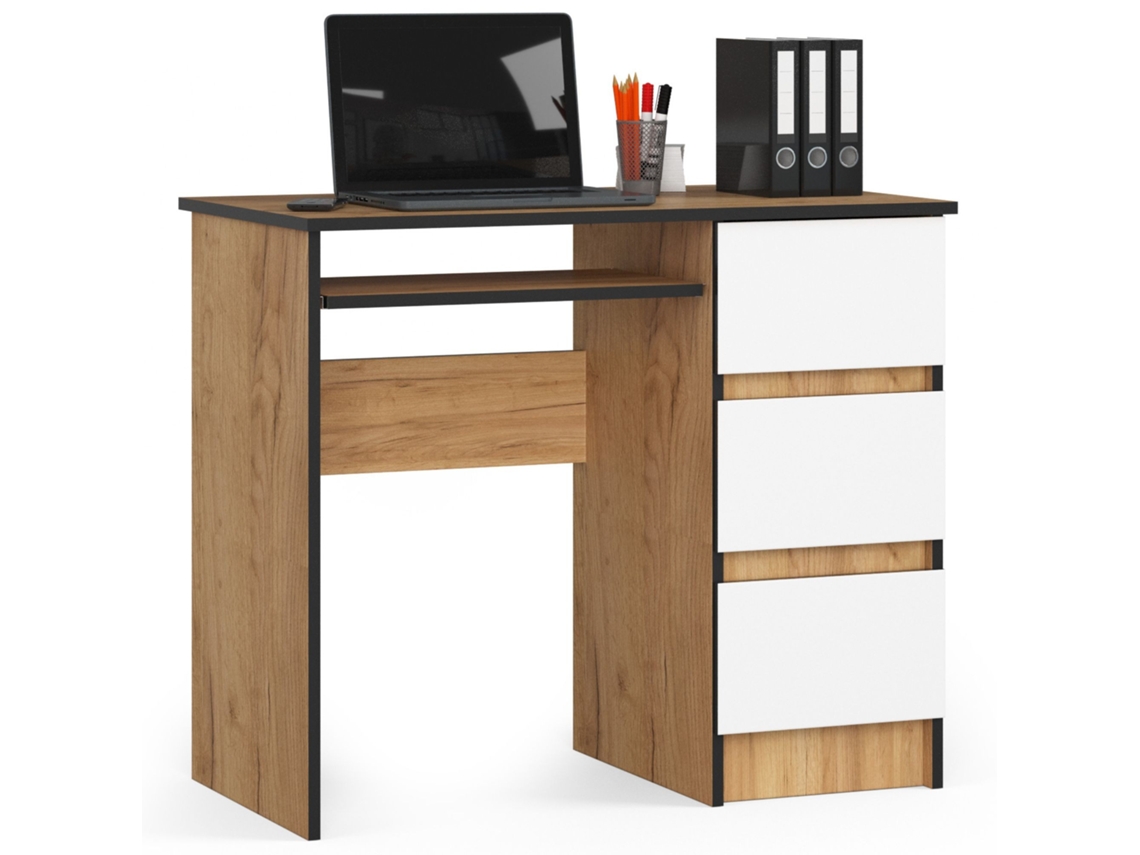 Escritorio De Ordenador Akord A6 Roble Craft 90 Cm Con Lado Derecho 3 Cajones Frente En Color Blanco 1 Estante 90x50x77 Cm