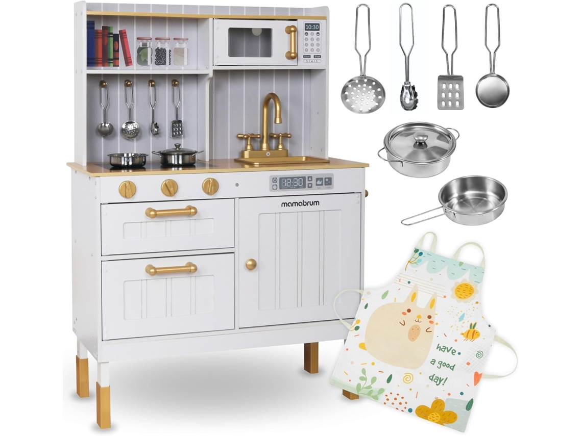 Cocina Infantil De Madera Mamabrum Para Niños A Partir De 3 Años Cocina Con Accesorios Y Delantal, Estufa, Microondas, Horno, Fregadero Y Ollas