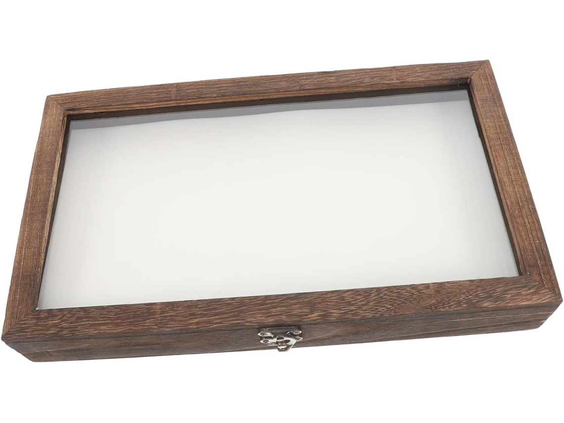 Caja expositora de madera con tapa transparente para ejemplares y colecciones en miniatura.